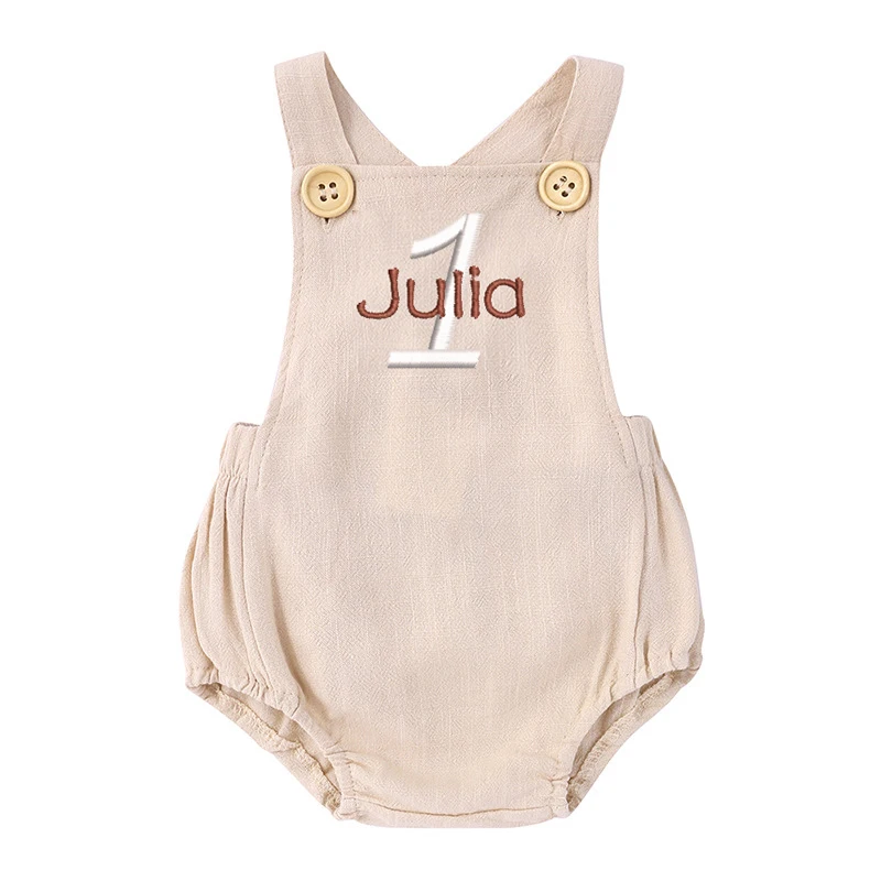 Name Embroidered 1st Birthday  - Baby Summer Linen Sleeveless Jumpsuit ulasan dan harga